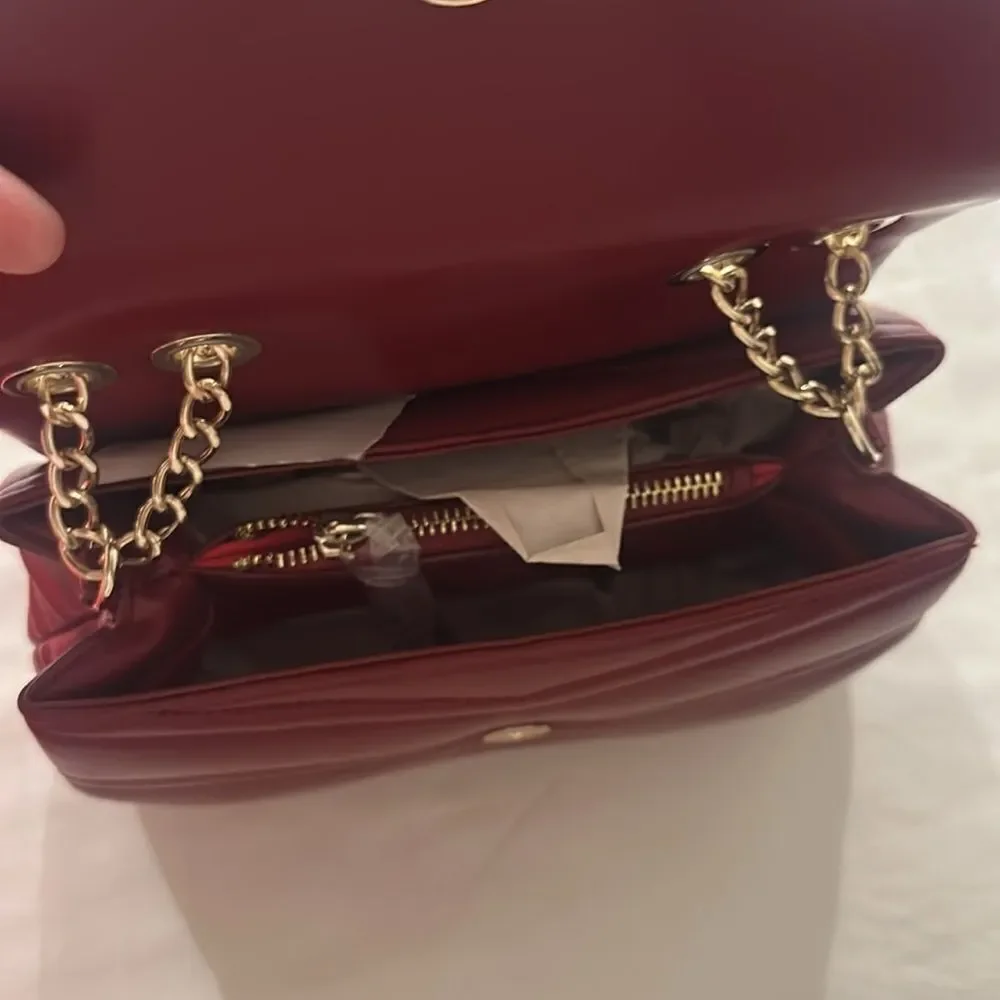 Mario Valentino Cherry Red Gold Tone Privilege Flap Chain Strap Purse